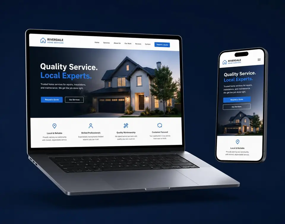 A small business website shown on a laptop and a smartphone