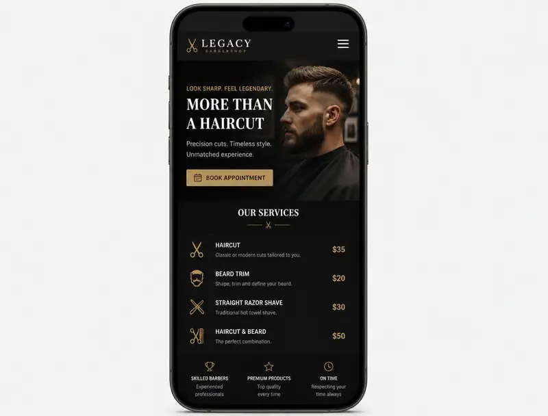 Website design concept for Legacy Barbershop